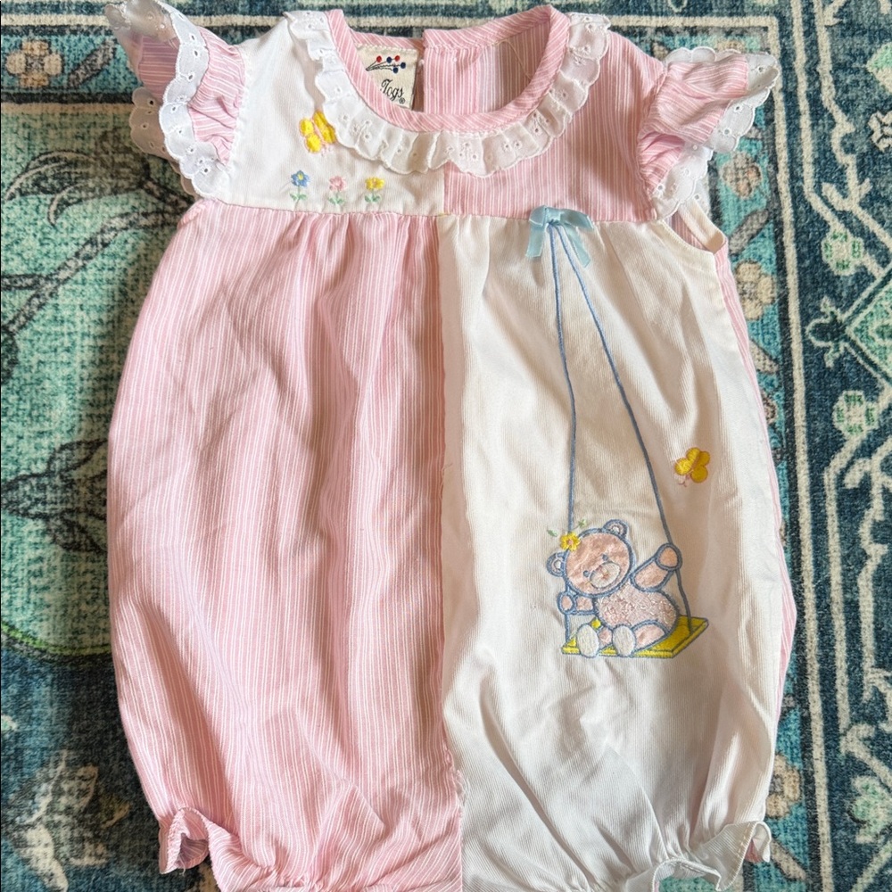Pink and White Baby Romper with Embroidered Bear - Picture 1 of 4